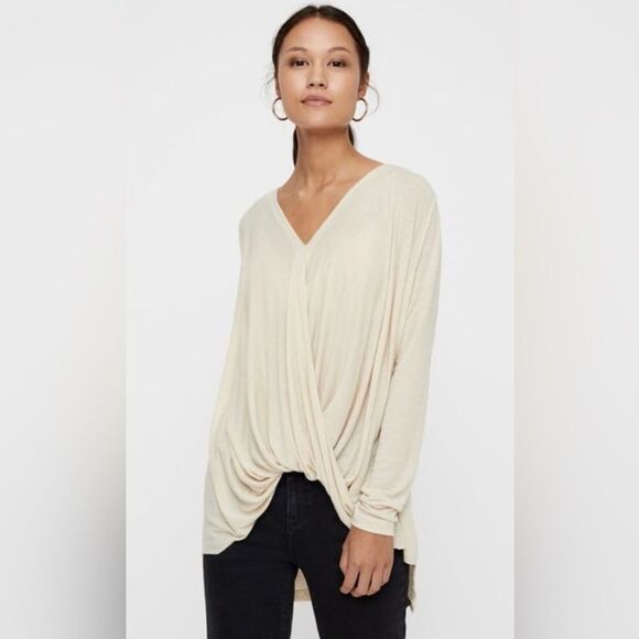 Vero Moda light tan lightweight jersey stretch asymmetrical hem draped wrap top - Picture 1 of 6